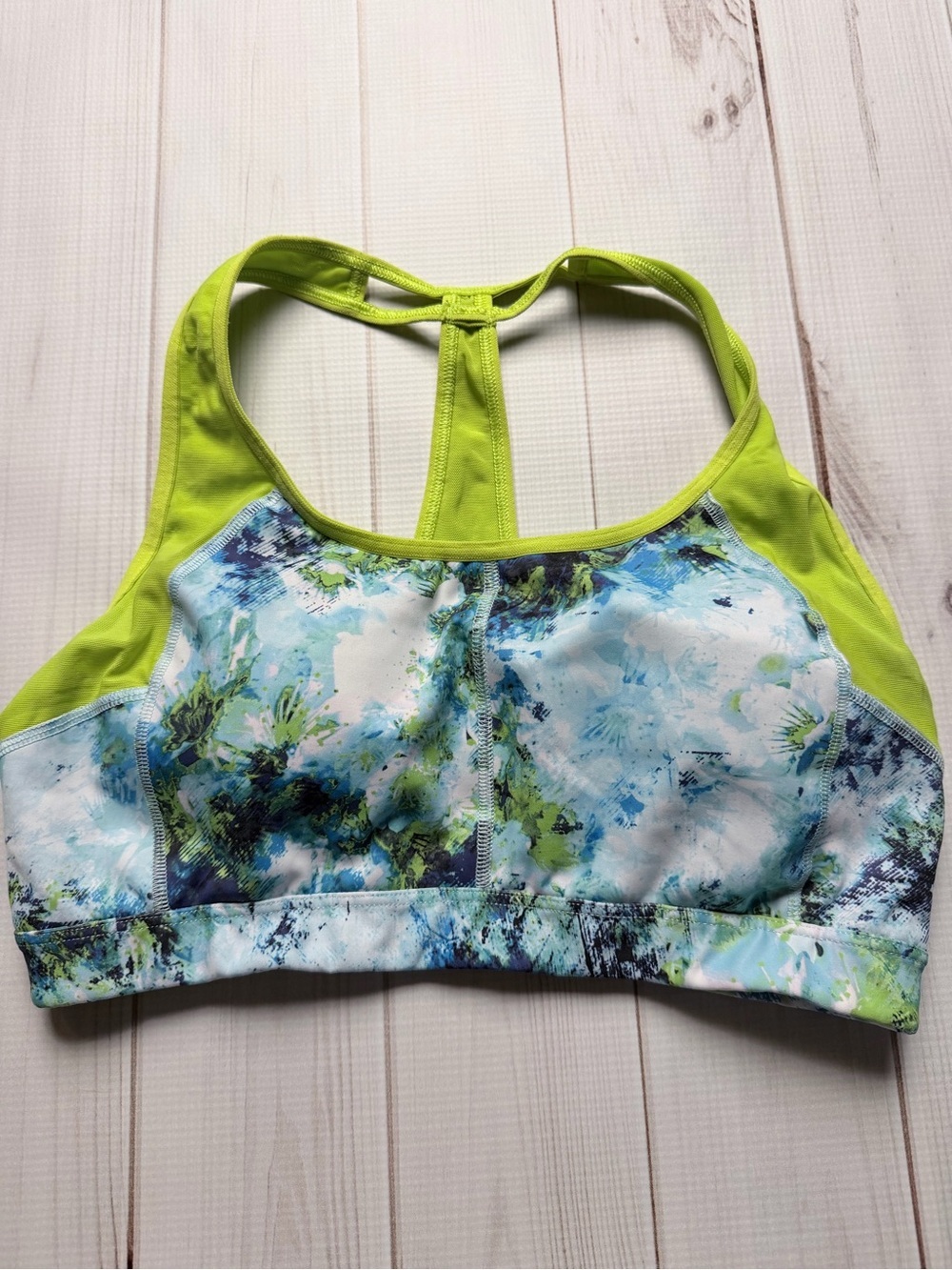Athleta Neon Lime & Blue Abstract Print Sports Bra